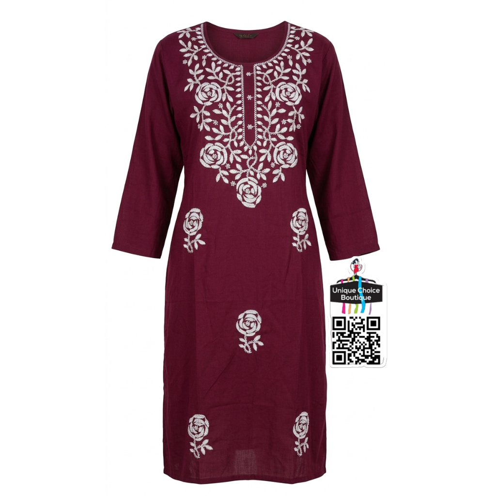 Lucknowi Chikankari Rayon Cotton Straight Kurti – Wine color - M / L Sizs