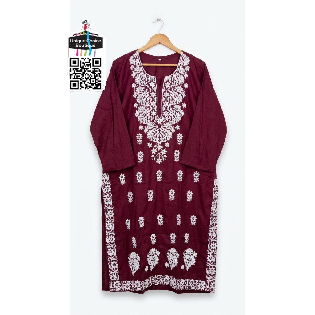 Lucknowi Chikankari Rayon Straight Kurti – Wine color-3XL / 4XL Size Plus Size