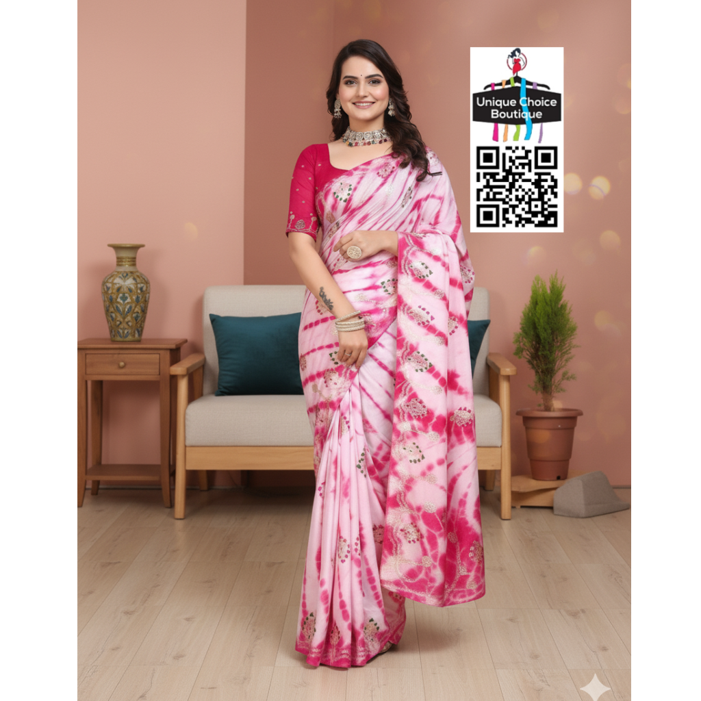 Rajasthani Shibori Cotton Silk Saree-Pink and White