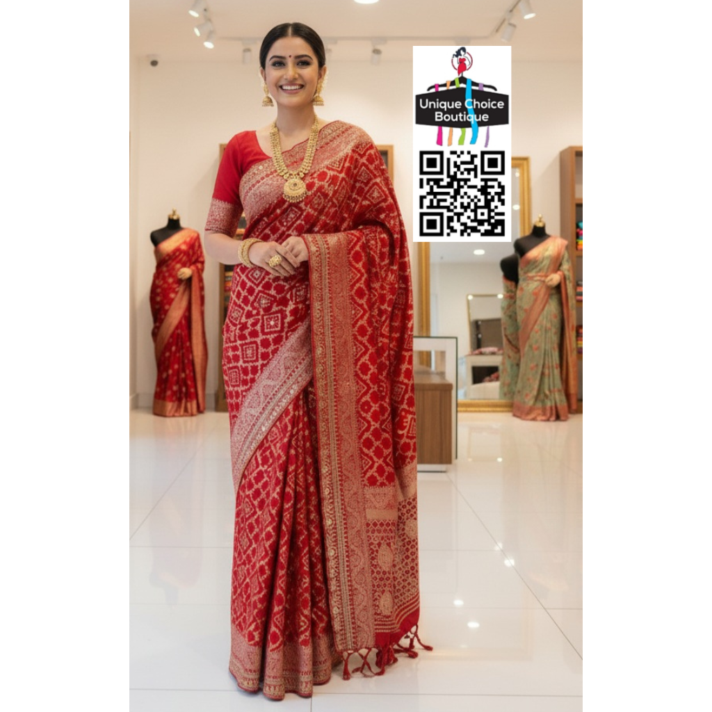Red Soft Russian Silk Bandhej Saree with Antique Weaving Design | Elegant Festive & Wedding Wear