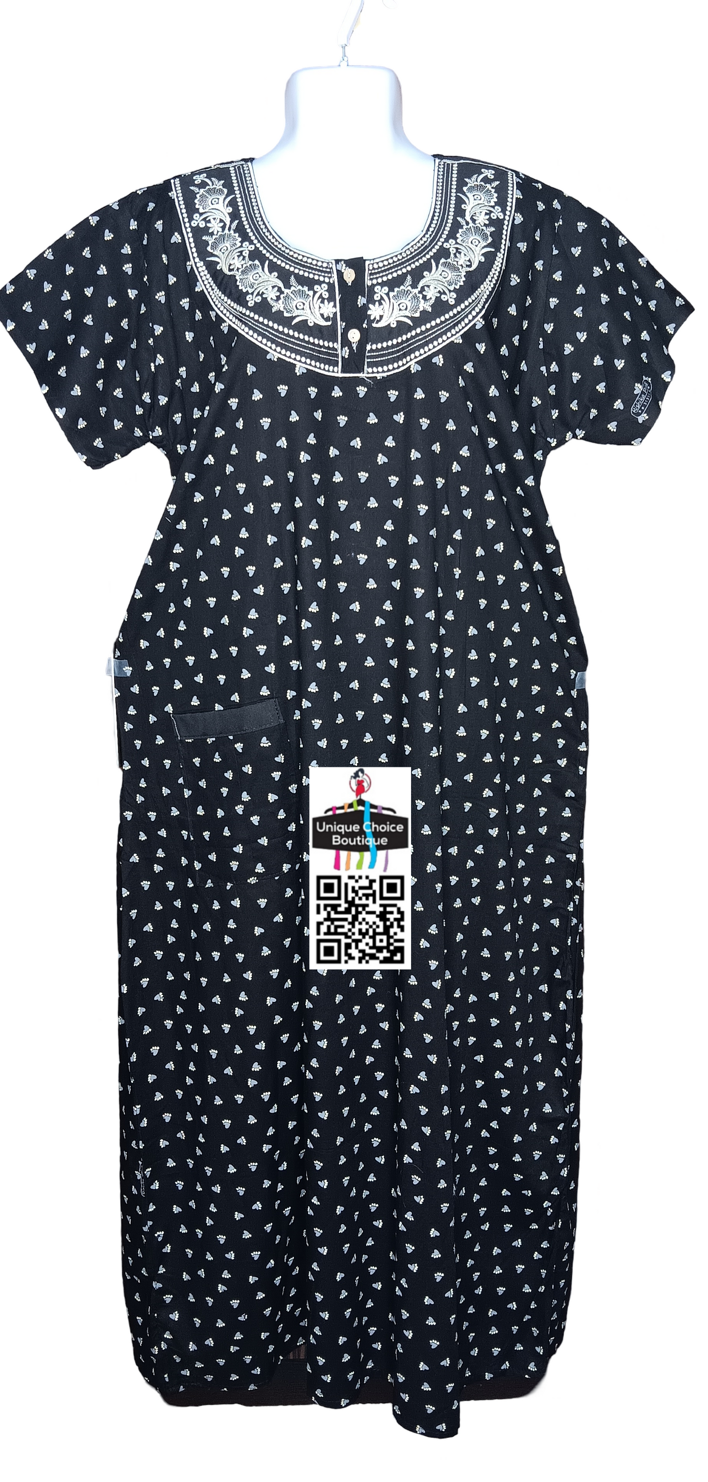 Black Pure Cotton Nighty, Zip Nighty, Premium Quality-Printed