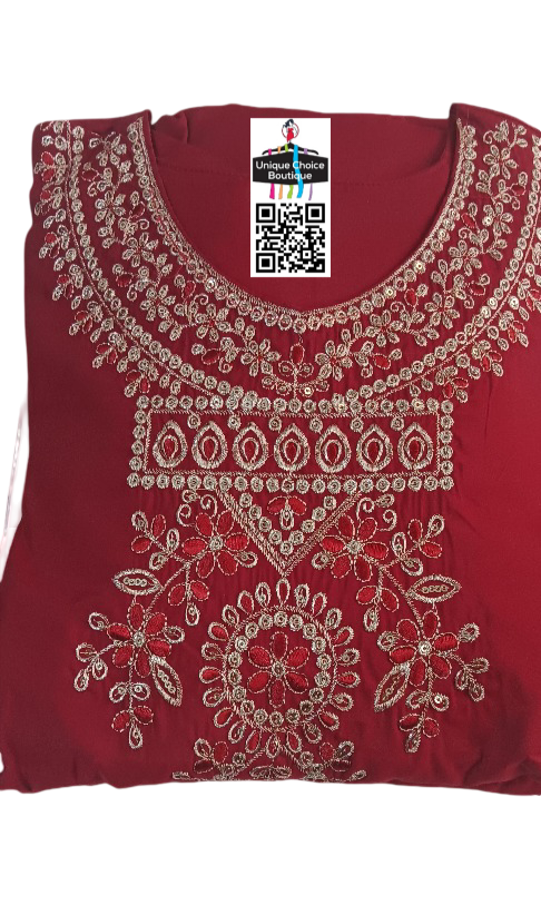Maroon Red 3pc Stitched Salwar Suit Roman Silk Partywear with Handbag– Kurti, Pant, Dupatta Set
