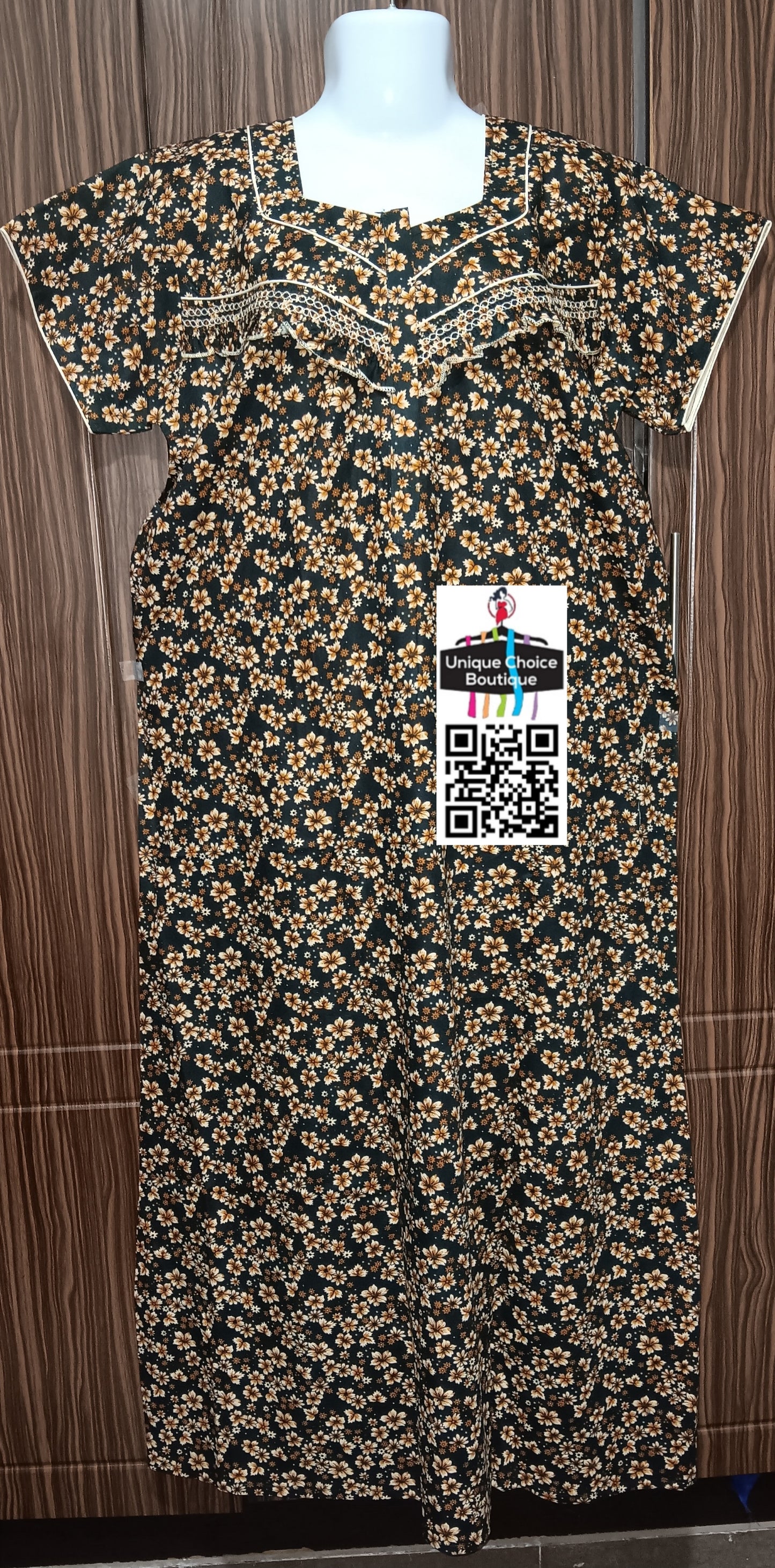 Cotton Feeding Nighty/ Maternity Dress with 3 Zips for Easy Nursing | Black & White Floral | Free Size