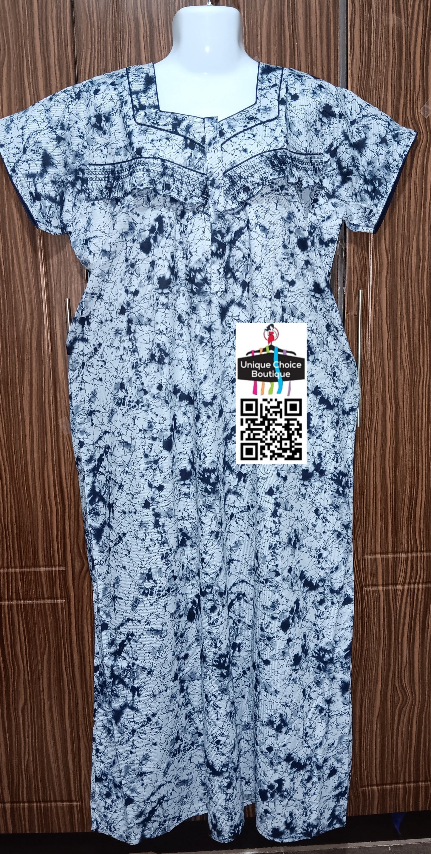 Cotton Feeding Nighty/ Maternity Dress with 3 Zips for Easy Nursing | Blue & White | Free Size