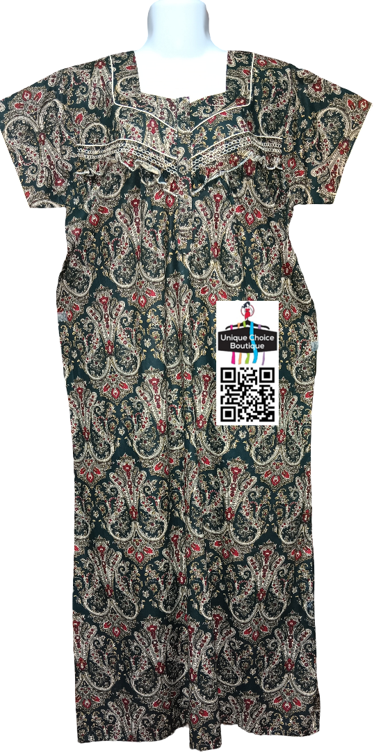 Paisley design Cotton Feeding Nighty/ Maternity Dress with 3 Zips| Dark Green with Cream | Free Size