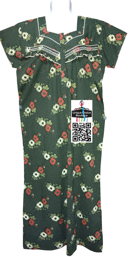 Cotton Feeding Nighty/ Maternity Dress with 3 Zips| Dark Green Floral | Free Size