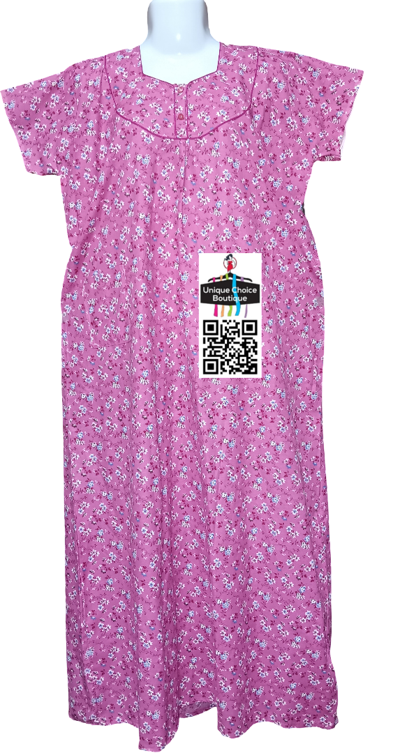 Pink Floral Pure Cotton Nighty – Button Front | Soft & Breathable