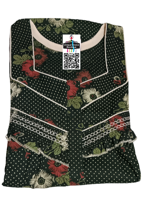 Cotton Feeding Nighty/ Maternity Dress with 3 Zips| Dark Green Floral | Free Size
