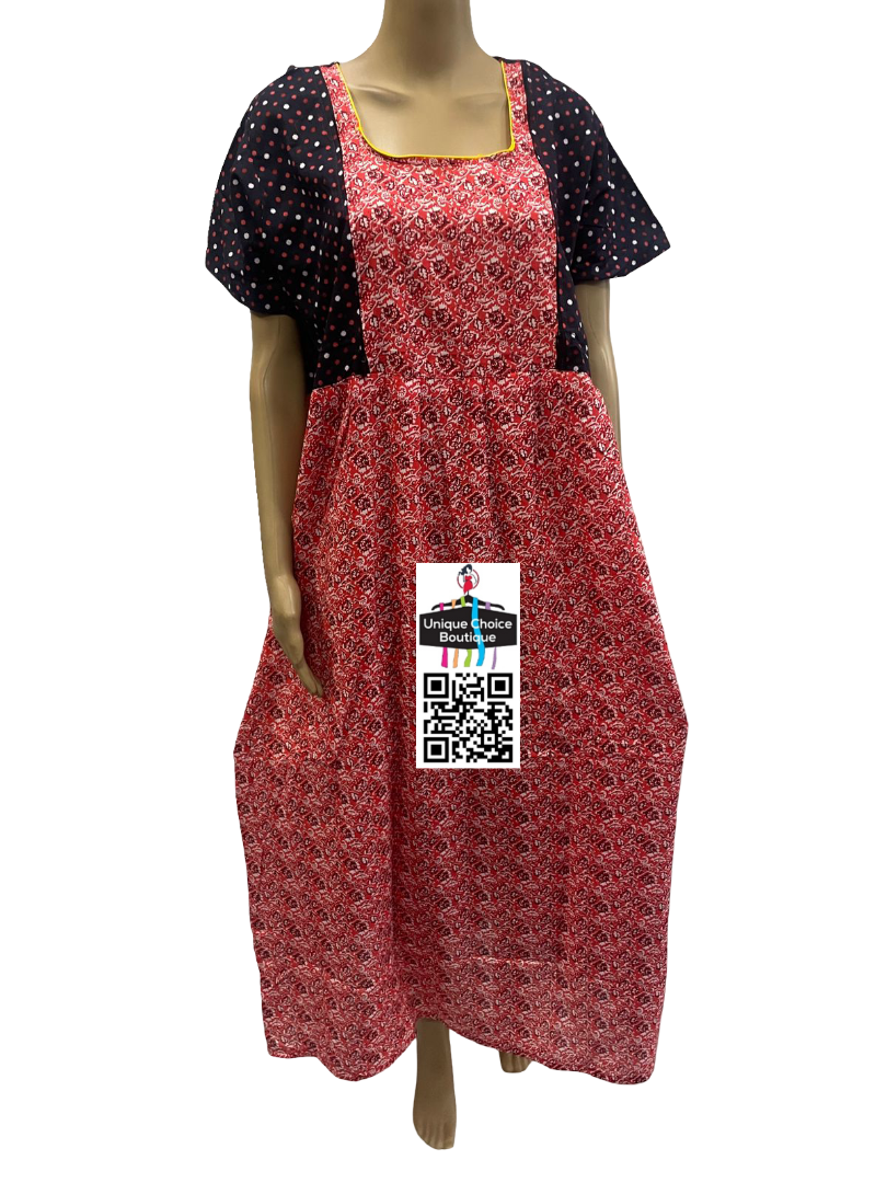 Casual Cotton Frock Nighty with Polka Dot Sleeves-Red