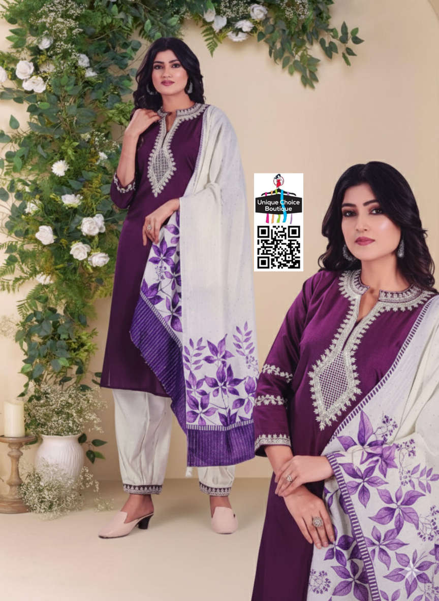 Purple and White Kurti Pant Dupatta Set, 3pc Salwar Suit Set