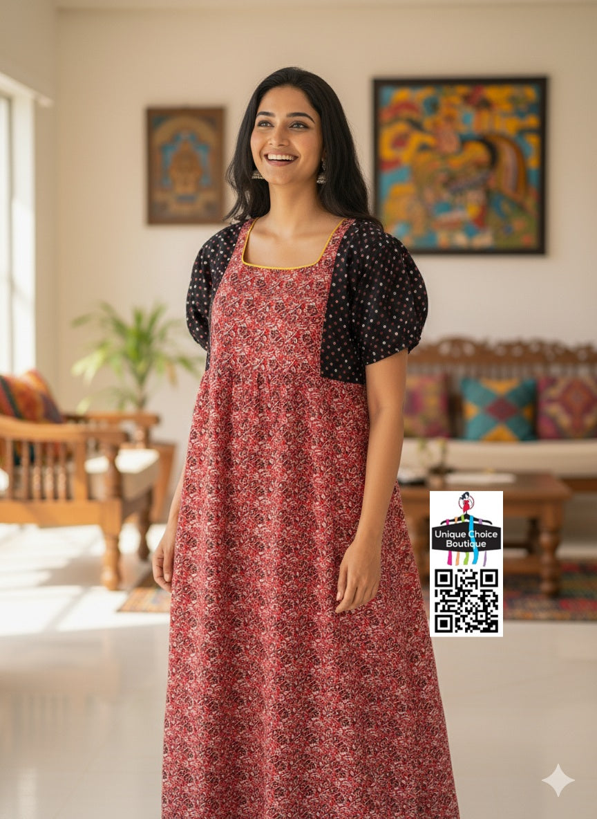 Casual Cotton Frock Nighty with Polka Dot Sleeves-Red