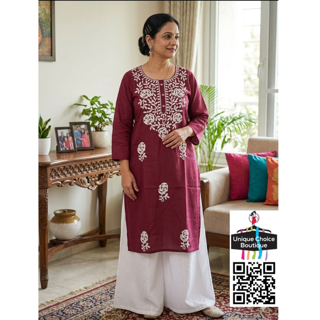 Lucknowi Chikankari Rayon Cotton Straight Kurti – Wine Color -Plus Size 3XL(46) Size