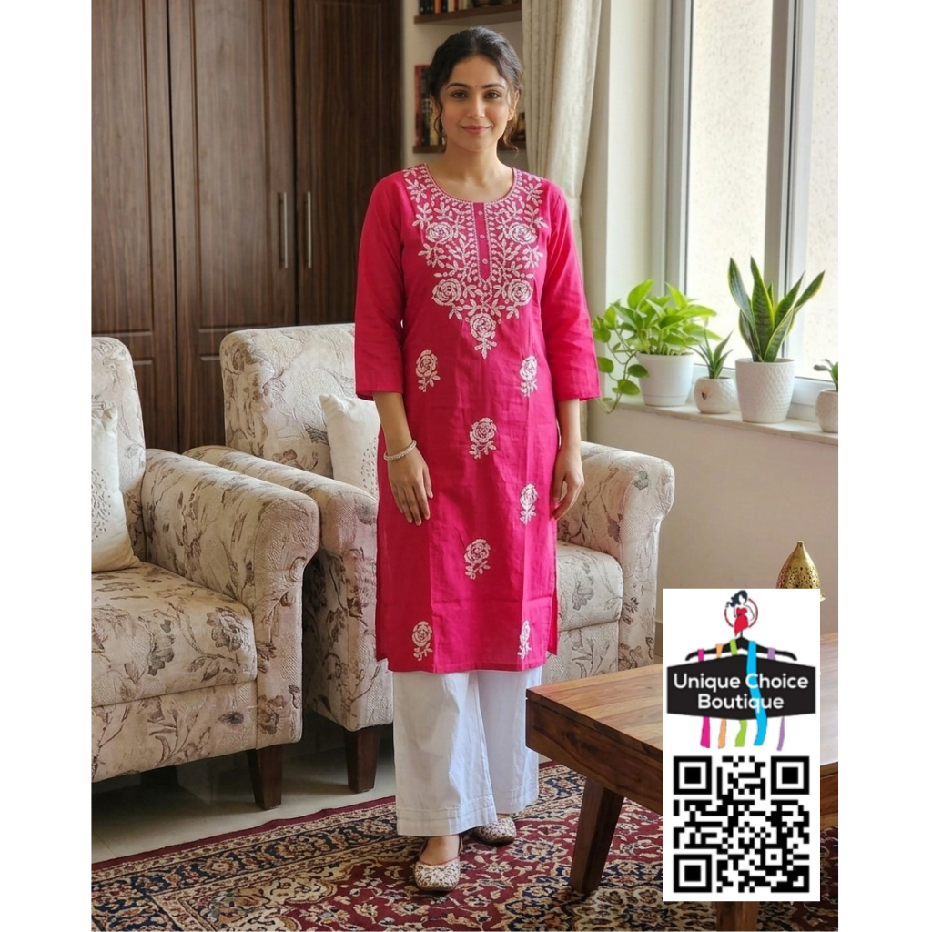 Lucknowi Chikankari Rayon Cotton Straight Kurti – Rani Pink -XL(42) Size