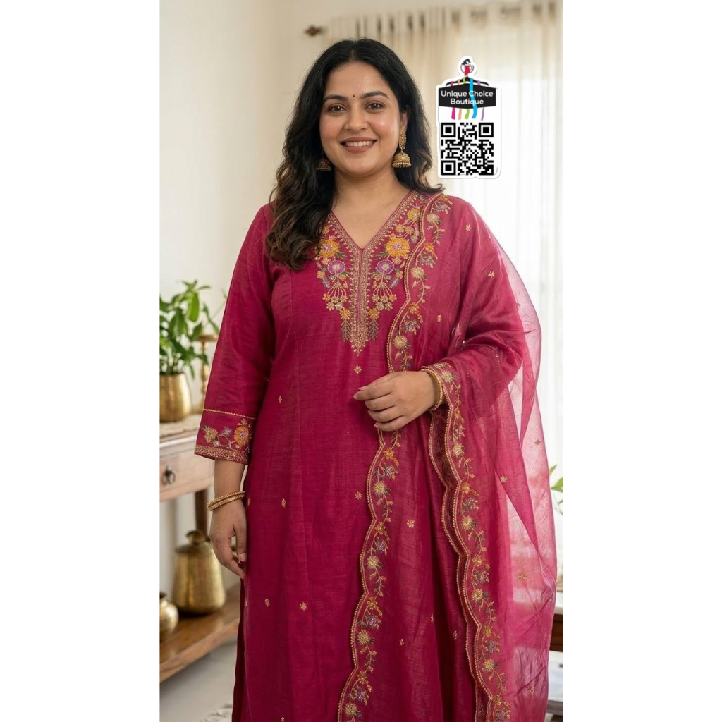 Exclusive Chanderi Silk Anarkali 3-Piece Salwar Suit Set- Plus Size – Festival New Arrival- Rani Pink