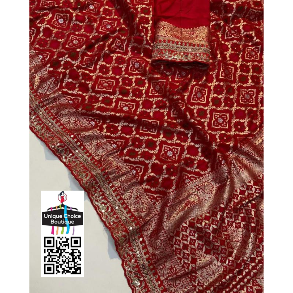 Red Soft Russian Silk Bandhej Saree with Antique Weaving Design | Elegant Festive & Wedding Wear