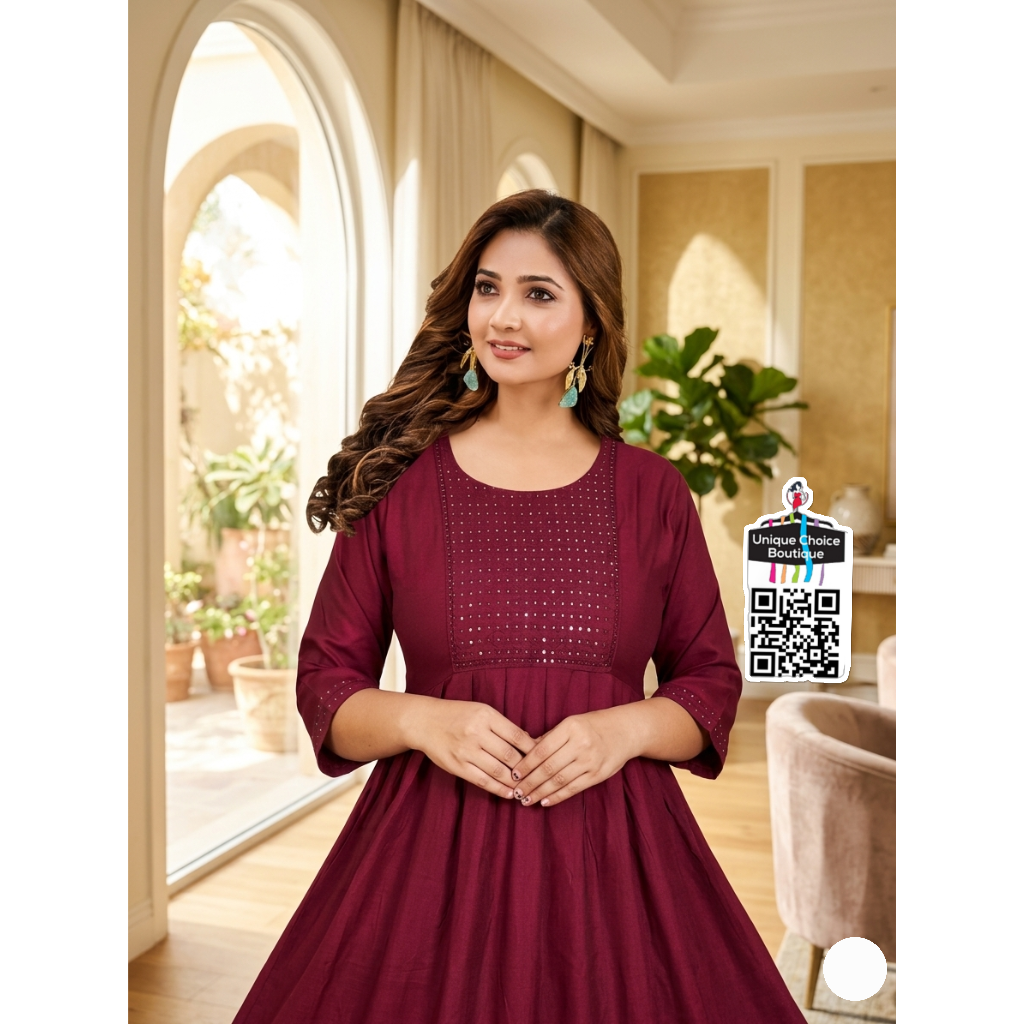 Deep Maroon Sequin-Embellished Anarkali Kurti Flared gown