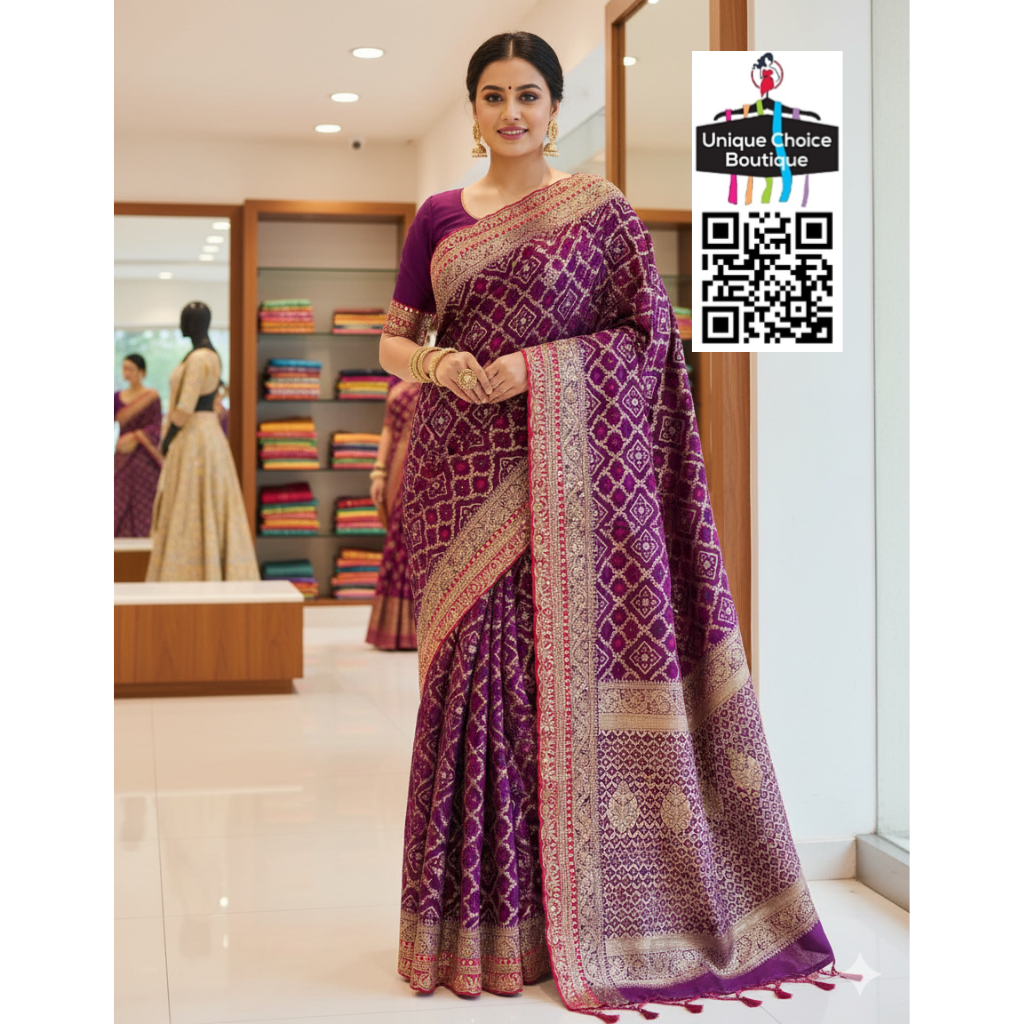 Purple / Violet Soft Russian Silk Bandhej Saree with Antique Weaving Design | Elegant Festive & Wedding Wear