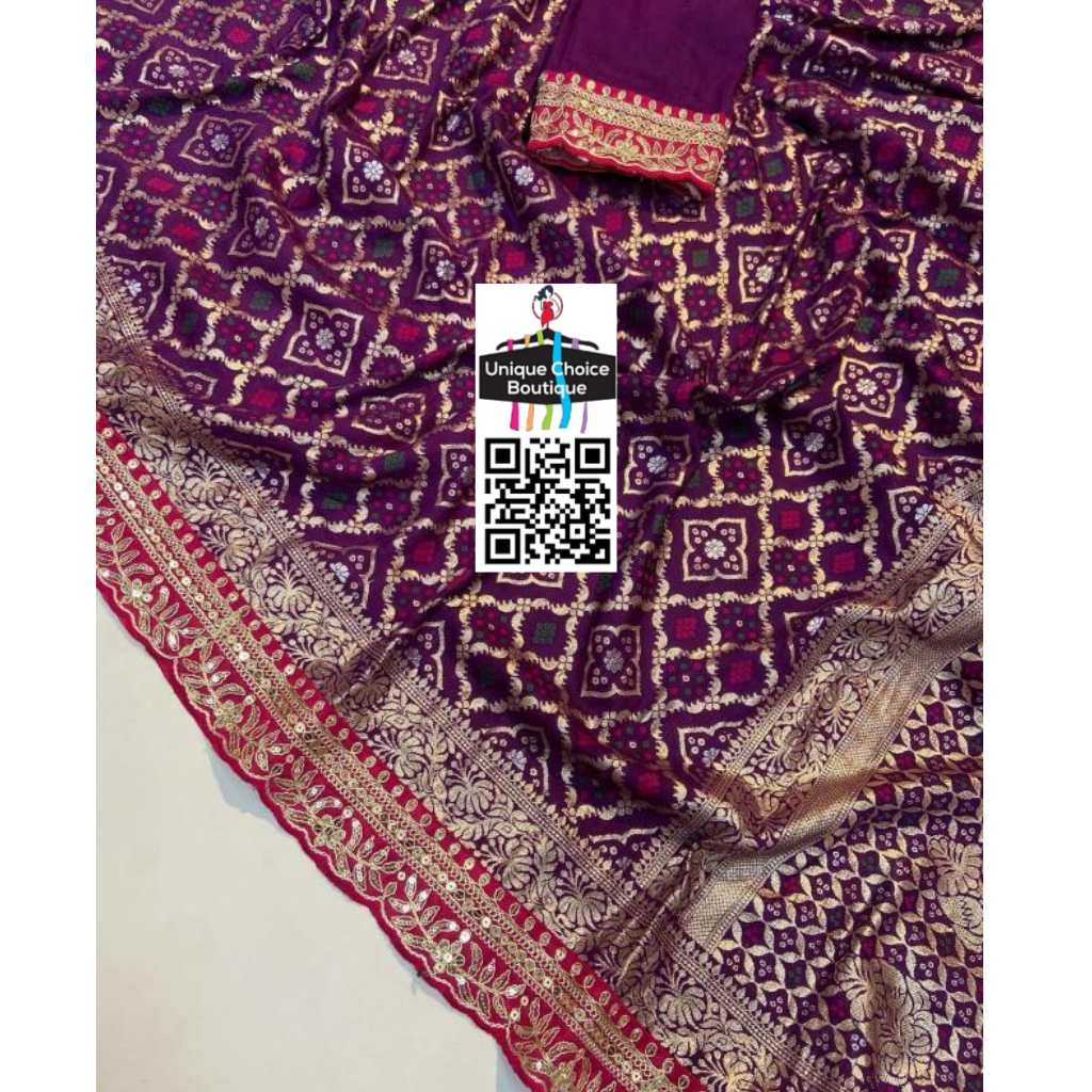 Purple / Violet Soft Russian Silk Bandhej Saree with Antique Weaving Design | Elegant Festive & Wedding Wear