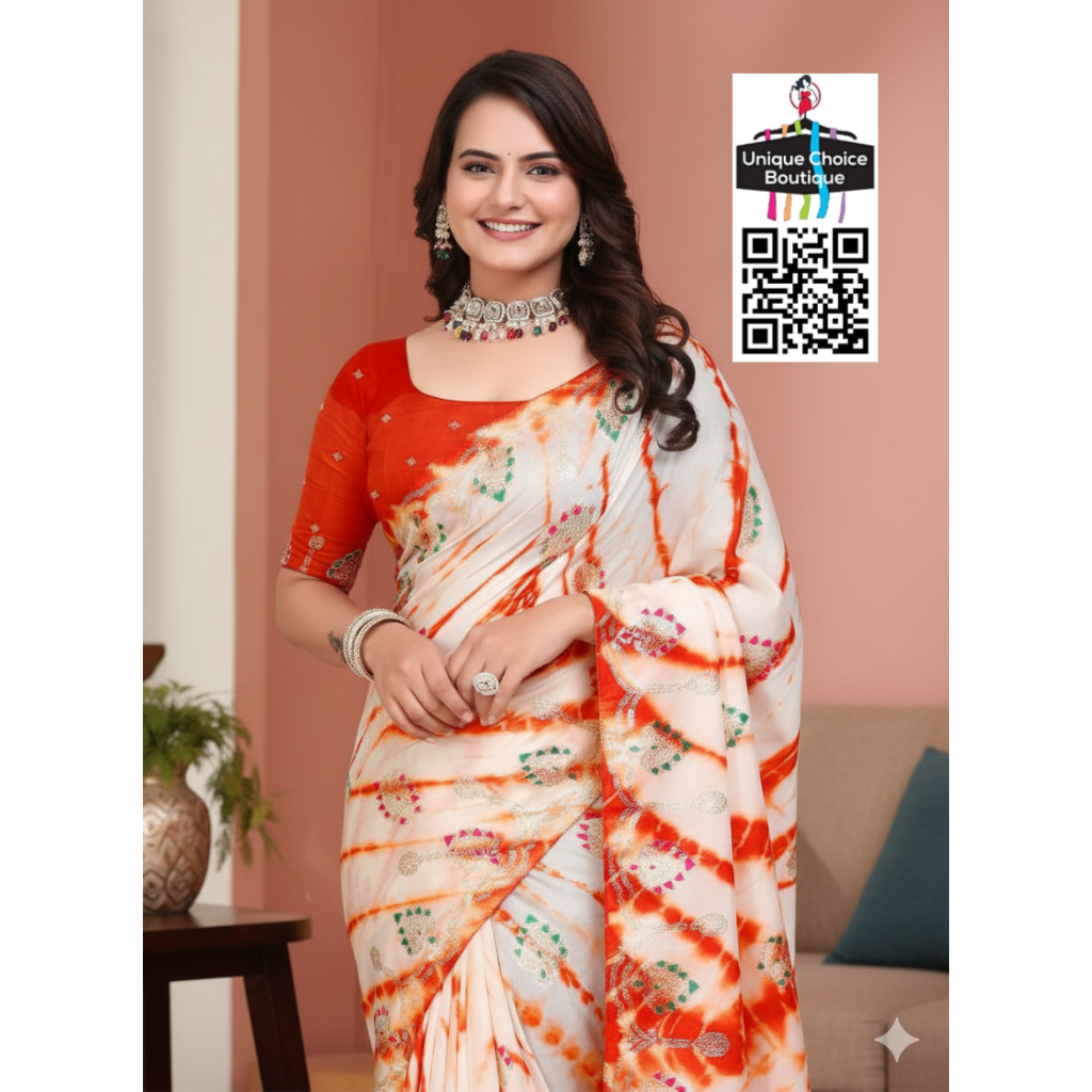 Handcrafted Shibori Saree in Russian Cotton Silk – Festive Orange & White