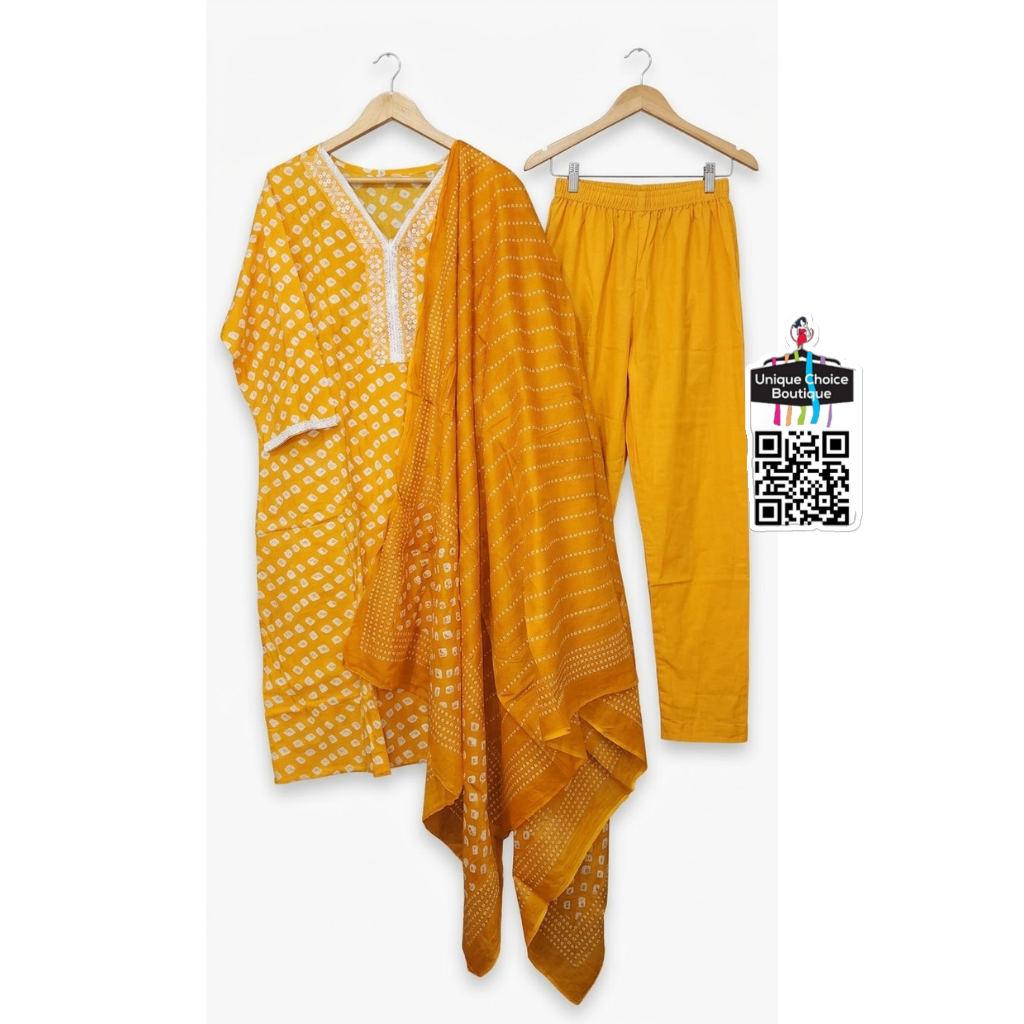 Yellow Pure Cotton Kurti Pant Dupatta Set, 3pc Salwar Suit Set, Plus Size
