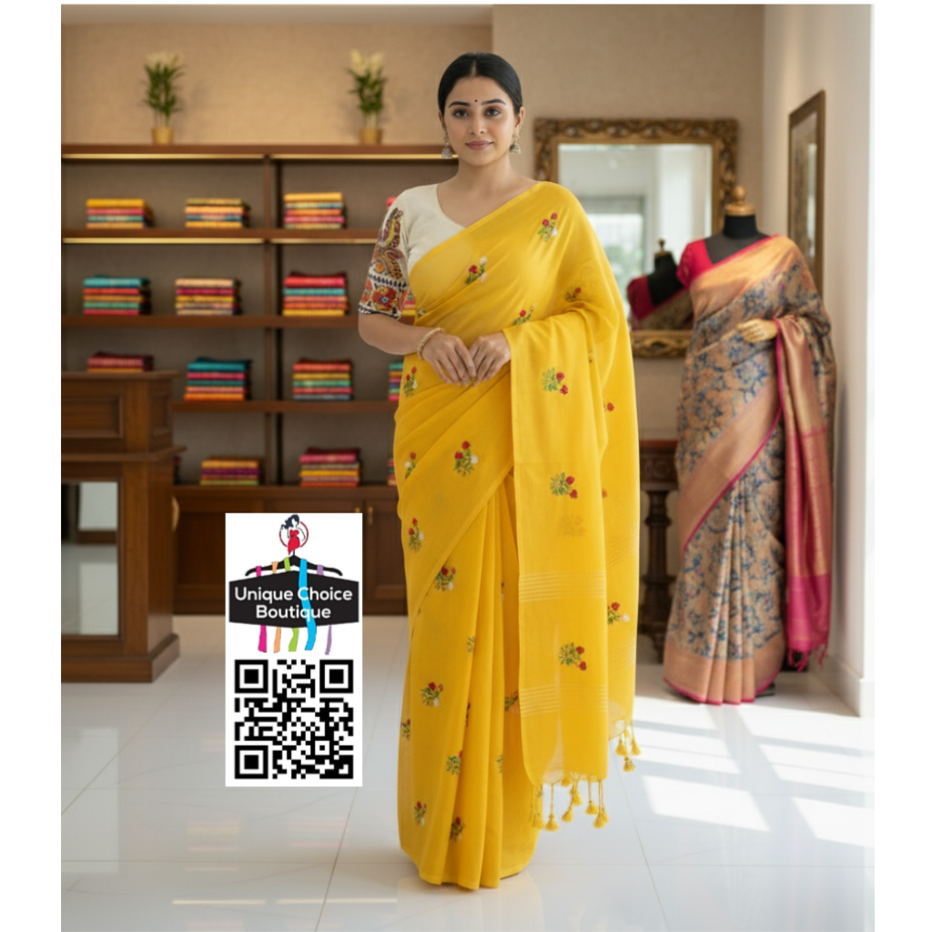 Pure Khadi Cotton Saree with Heavy Floral Embroidery & Designer Readymade Khadi Cotton Blouse - Yellow