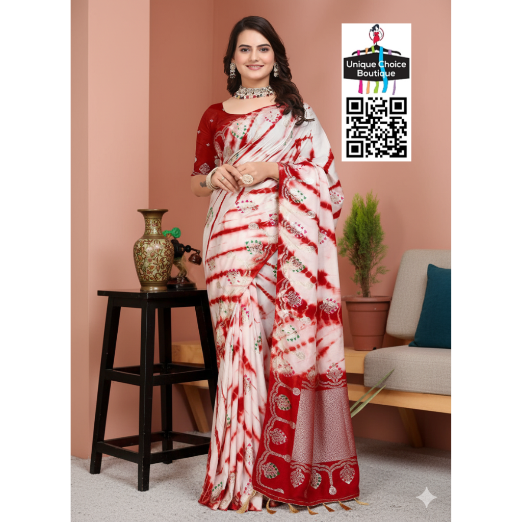 Rajasthani Shibori Cotton Silk Saree-Red and White