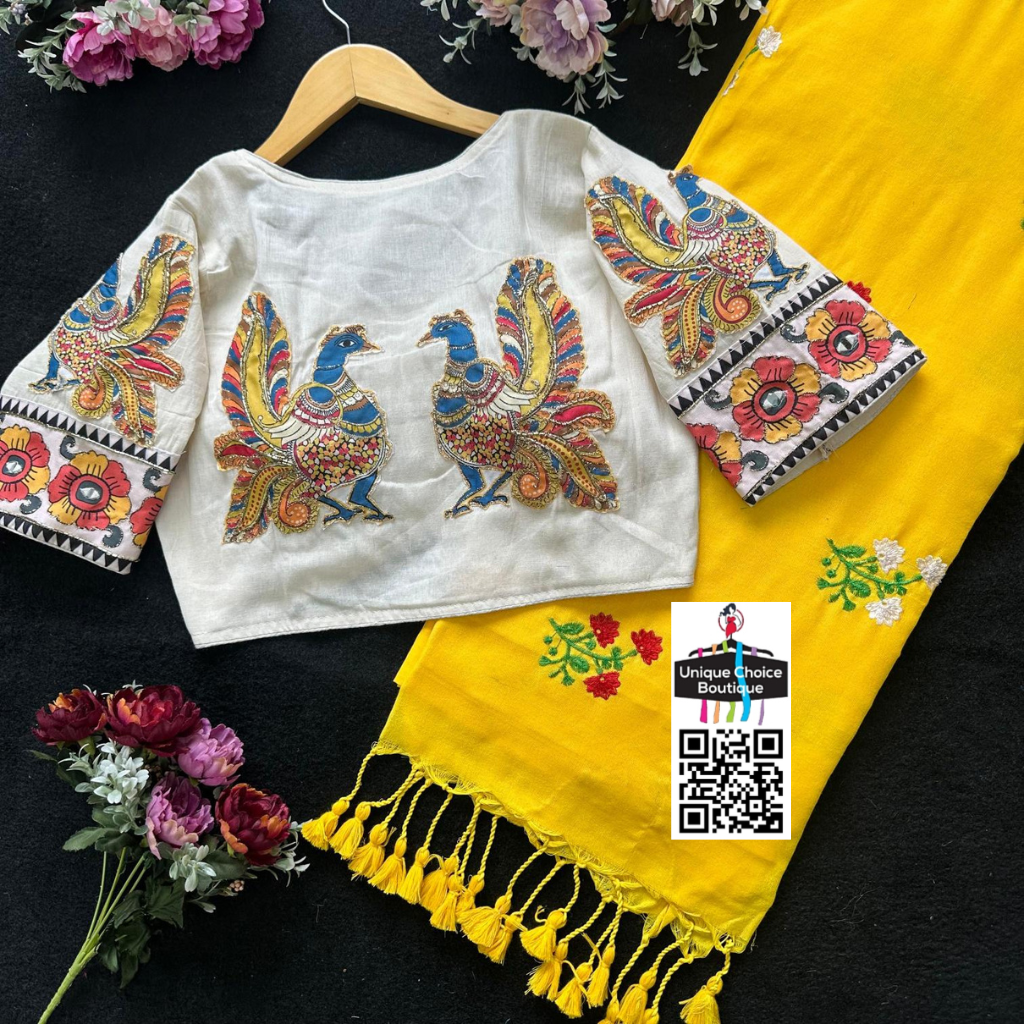 Pure Khadi Cotton Saree with Heavy Floral Embroidery & Designer Readymade Khadi Cotton Blouse - Yellow