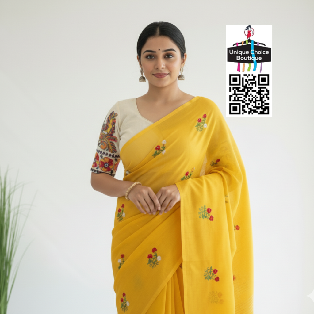 Pure Khadi Cotton Saree with Heavy Floral Embroidery & Designer Readymade Khadi Cotton Blouse - Yellow