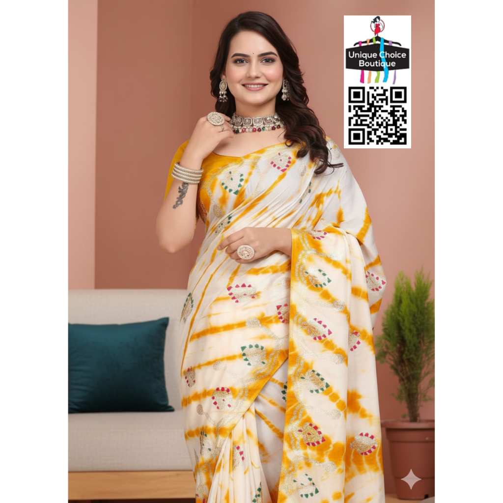 Handcrafted Shibori Saree in Russian Cotton Silk – Festive Yellow & White
