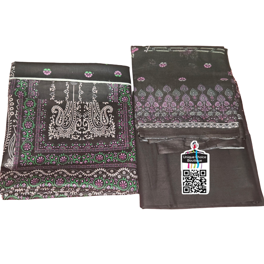 Black Pakistani Lawn Suit Dress material | Luxury Cotton Printed Dress material