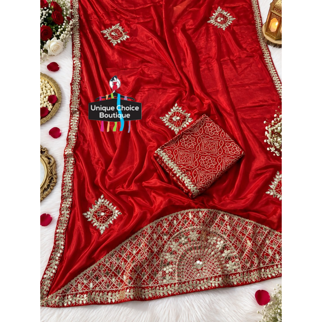 Premium Red Chinon Silk Saree with Heavy Bandhej Pallu