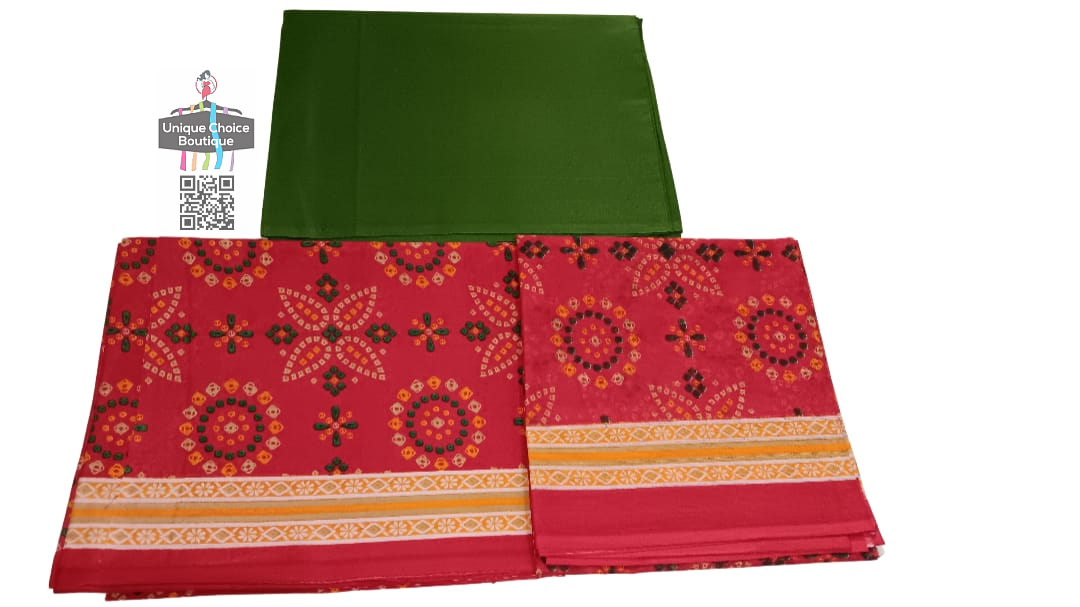 Cotton Unstitched Salwar Suit Material, Churidar Dress Material, Mehndi Green Top with Red Bandhani Print