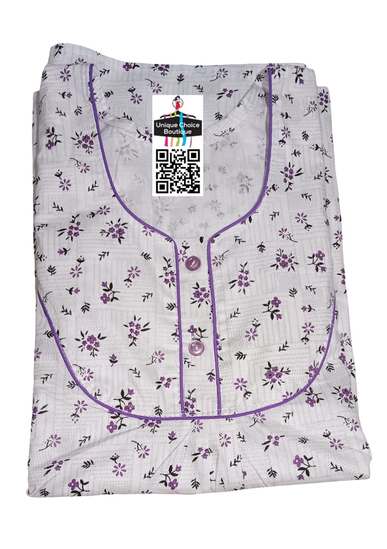 White Floral Pure Cotton Nighty – Button Front