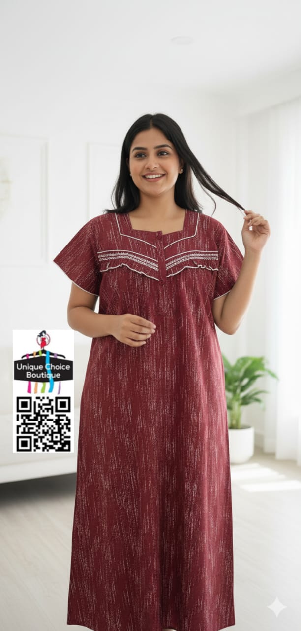 Cotton Feeding Nighty/ Maternity Dress with 3 Zips| Maroon & White | Free Size