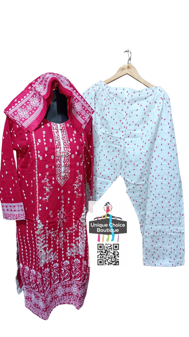 Stitched 3pc Magenta Pink White Pakistani Lawn Suit, 3pc Salwar Suit Set