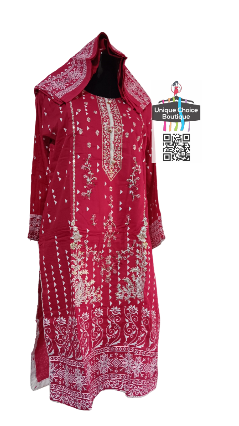 Stitched 3pc Magenta Pink White Pakistani Lawn Suit, 3pc Salwar Suit Set