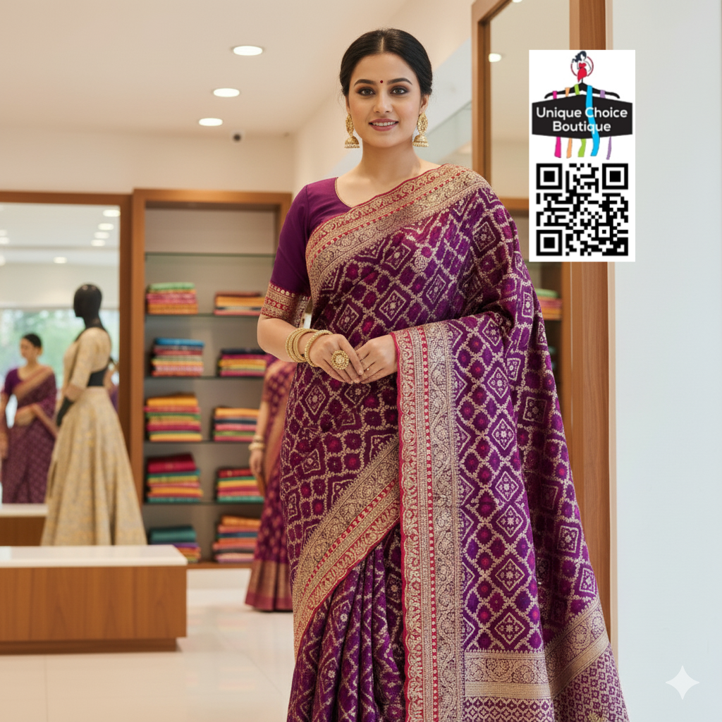 Purple / Violet Soft Russian Silk Bandhej Saree with Antique Weaving Design | Elegant Festive & Wedding Wear