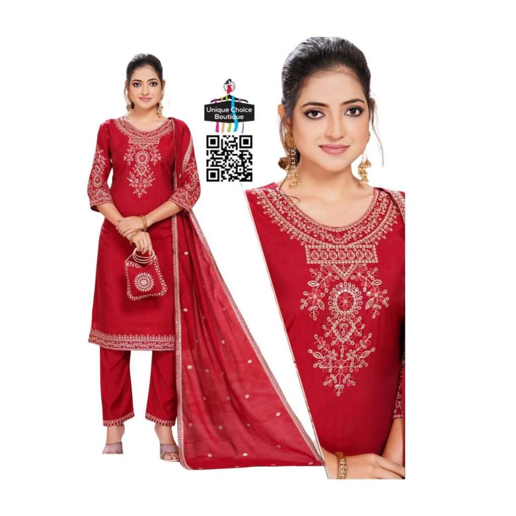 Red 3pc Stitched Salwar Suit Roman Silk Partywear with Handbag–new