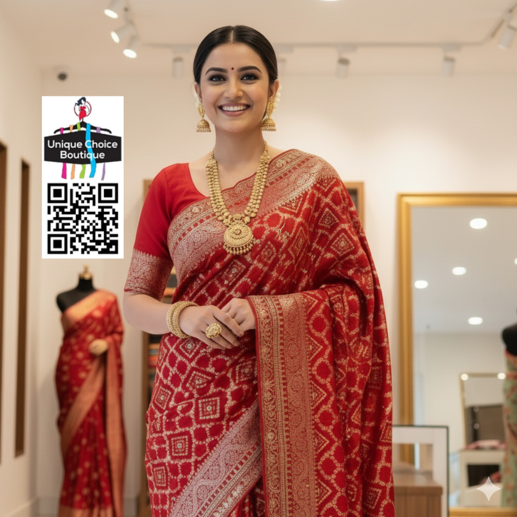 Red Soft Russian Silk Bandhej Saree with Antique Weaving Design | Elegant Festive & Wedding Wear