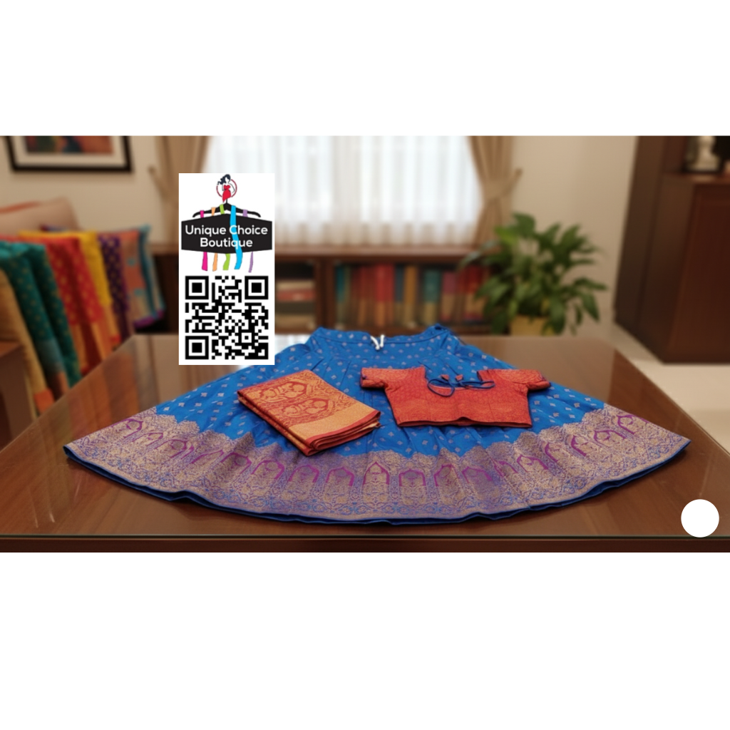 Rudra Silk Half Saree Set - Royal Blue & Fiery Red Brocade 5