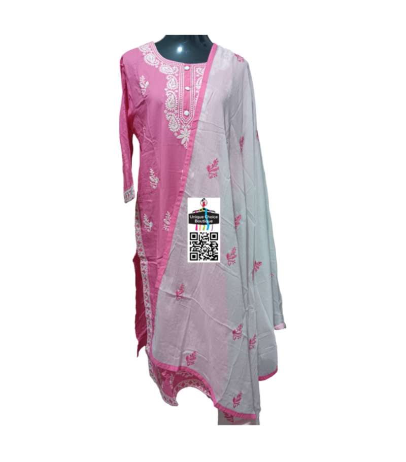 Pink and White Lucknowi Chikankari Kurti sets, 3pc Salwar Suits, Salwar Kameez