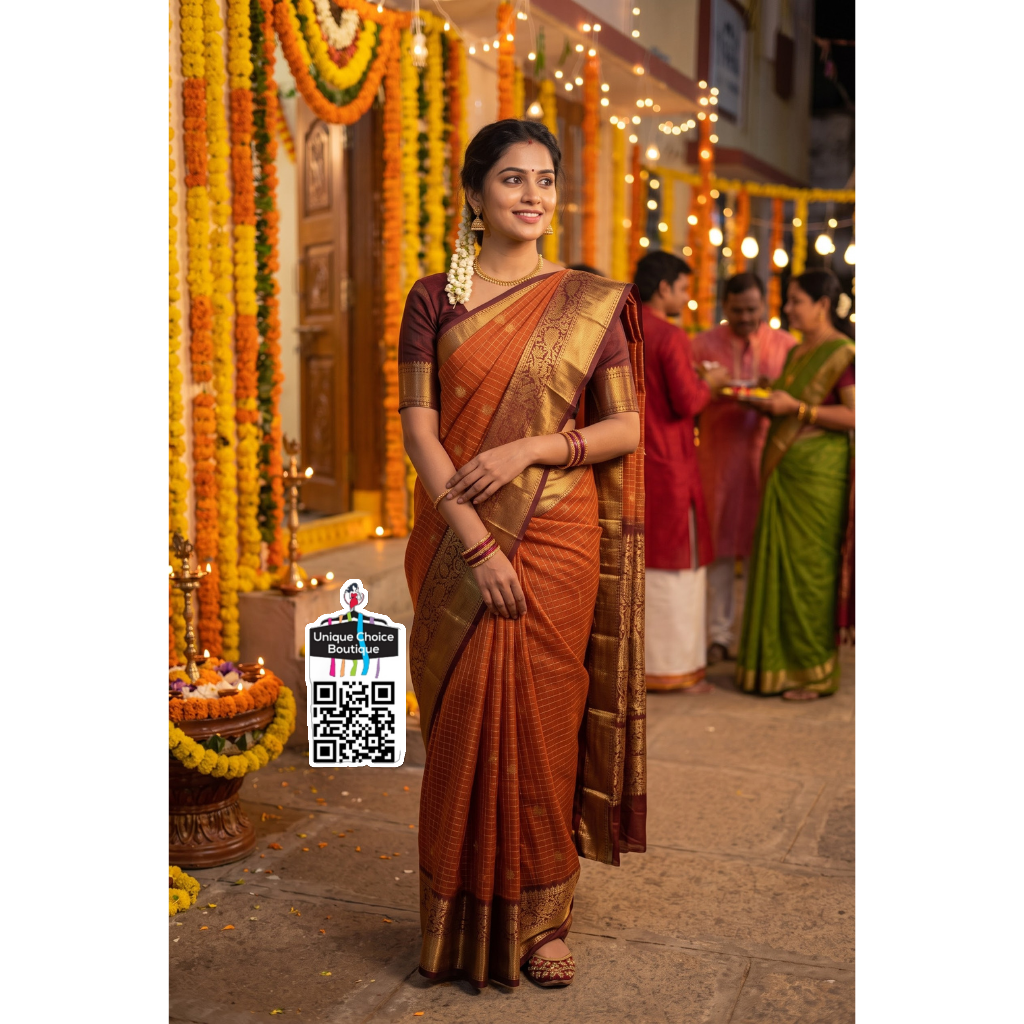 Insta Trending Rust Orange & Brown Soft katan Silk Saree – Elegant Festive Wear