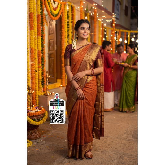 Insta Trending Rust Orange & Brown Soft katan Silk Saree – Elegant Festive Wear