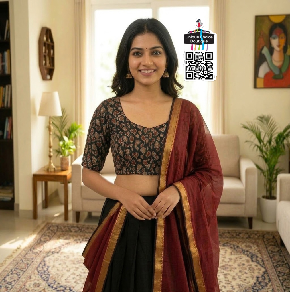 Readymade Pure Cotton Kalamkari Saree Blouse – Black - Size 38/40/42/44