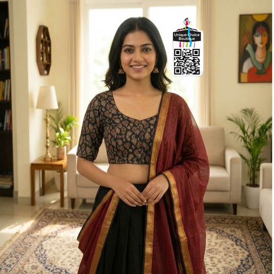 Readymade Pure Cotton Kalamkari Saree Blouse – Black - Size 38/40/42/44