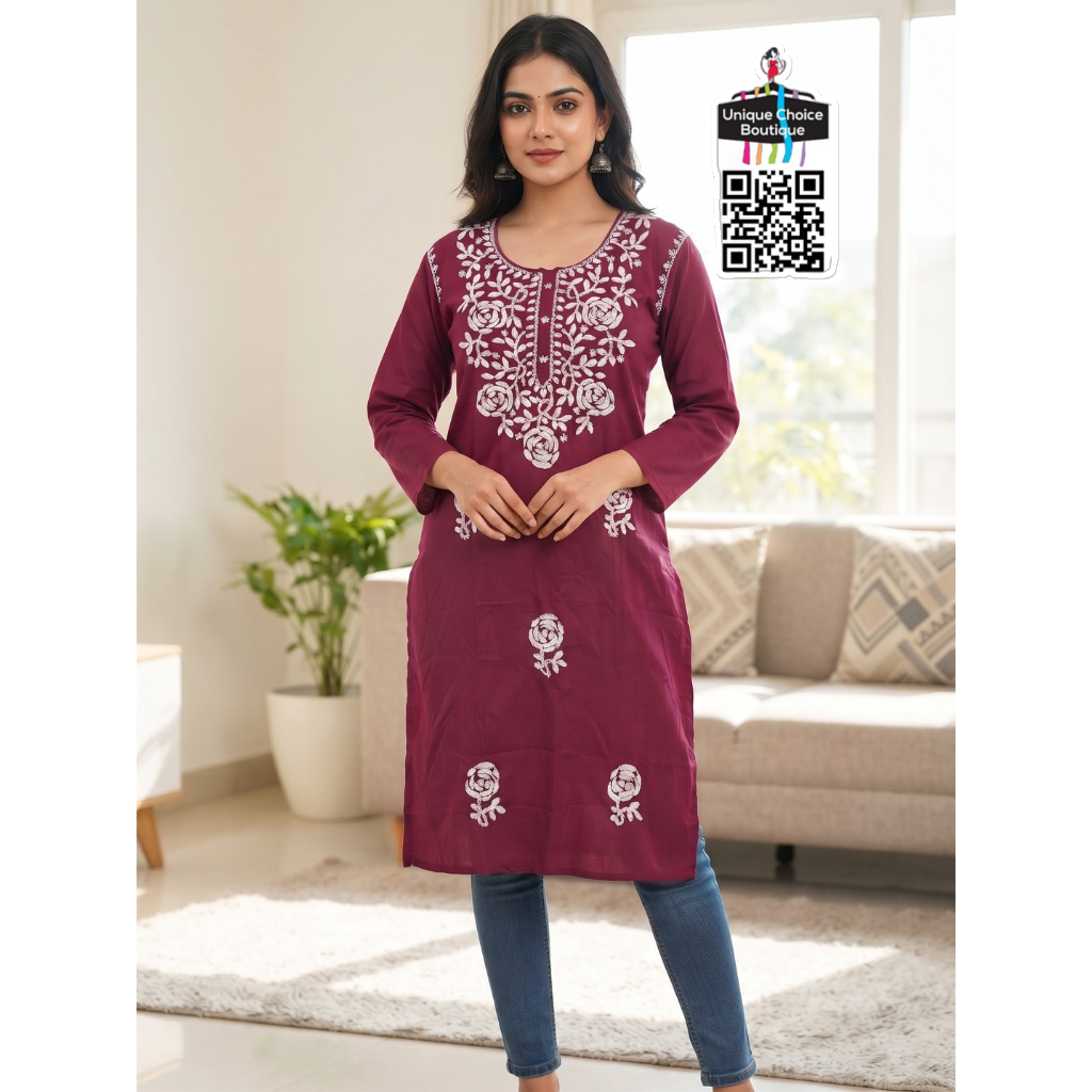 Lucknowi Chikankari Rayon Cotton Straight Kurti – Wine color - M / L Sizs