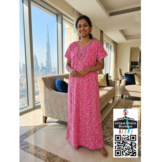 Pink and white Pure Cotton Nighty, Button Nighty, Embroidery Neck Nighty