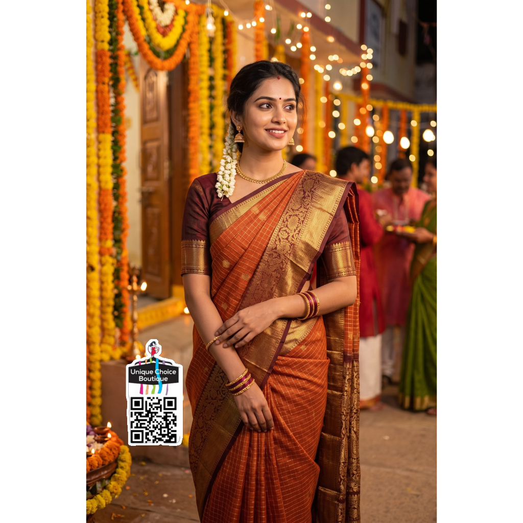Insta Trending Rust Orange & Brown Soft katan Silk Saree – Elegant Festive Wear