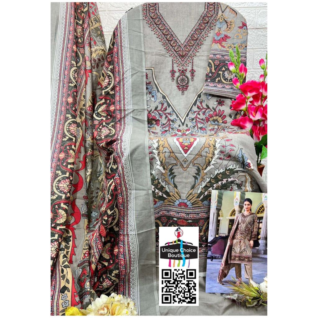 Sage Green Pakistani Lawn Suit with Chiffon Dupatta Dress material