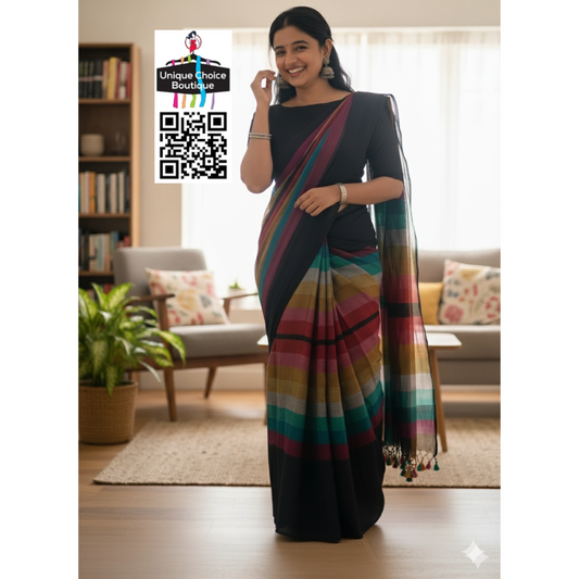 Soft Khadi mul cotton rainbow saree - Black